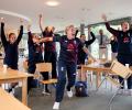 England women's team congratulate Morgan & Co