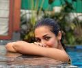 Malaika takes a dip in a pool