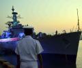 INS Godavari, India's first indigenously designed warship, sails into the sunset