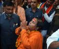 Uma Bharti throws cow dung at liquor shop in MP town; not stone, she says