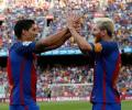 Suarez treble and Messi double lift six-goal Barca