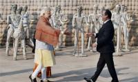 Modi greets French President Francois Hollande at Chandigarh's Rock Garden