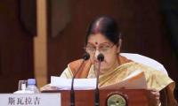 In China, Sushma justifies air strike, says dont' want to see further escalation