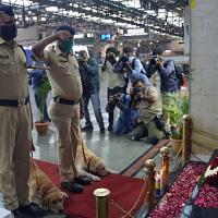 Police personnel and police dogs pay tribute at the 26/11 memorial at CST