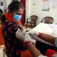 A Covishield jab being administered in Prayagraj, UP