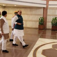 Defence minister Rajnath Singh arrives for the meeting