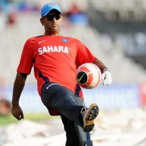 Skipper Dhoni enjoys a game of football in Dharamsala