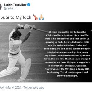 Tendulkar's special tribute to Gavaskar on his '50'