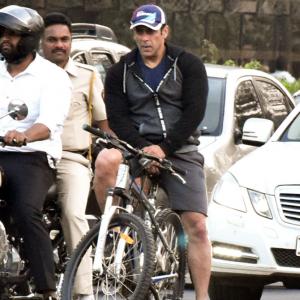PIX: Salman rides a cycle on Mumbai's streets