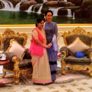 Sushma on Myanmar visit, meets Suu Kyi