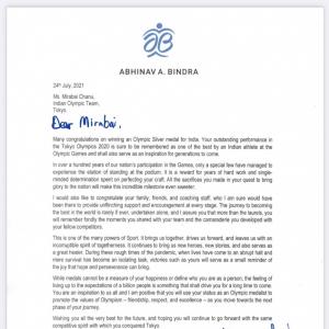 Bindra pens heartwarming letter for Mirabai Chanu