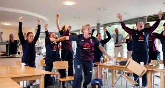 England women's team congratulate Morgan & Co