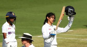 PICS: Dominant Mandhana hits century in pink-ball Test
