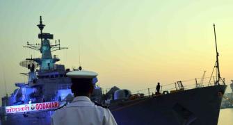 INS Godavari, India's first indigenously designed warship, sails into the sunset