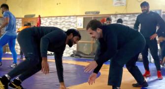 Amid WFI row, Rahul meets Punia, tries wrestling