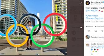 PIX: India athletes pose near Olympic rings at Village