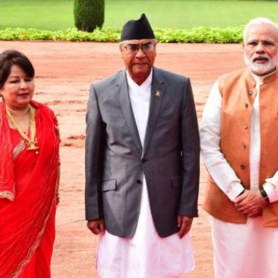 Nepal Prime Sher Bahadur Deuba and his wife with Prime Minister Narendra D Modi during his visit