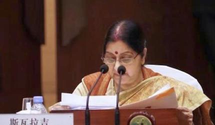 In China, Sushma justifies air strike, says dont' want to see further escalation