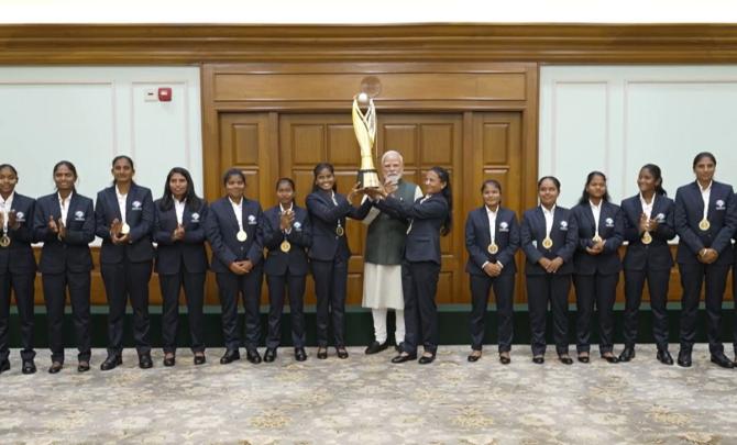 PIX: PM Modi meets triumphant blind women's cricket team