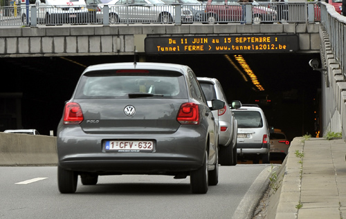 Cars enter the tunnel of Rue de La Loi, near the European Union headquarters in Brussels.