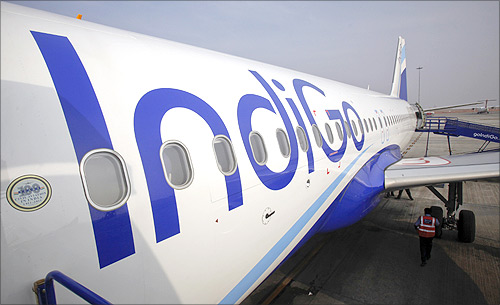 The side of an IndiGo Airlines A320 aircraft is pictured on the tarmac at Bengaluru International Airport.