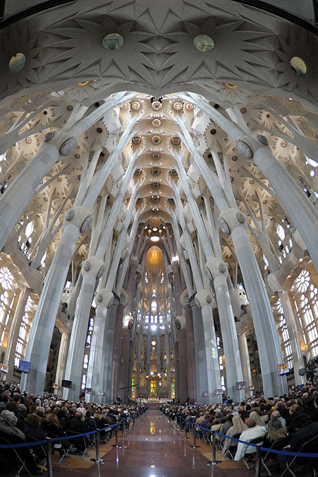 People attend a mass celebrated by Pope Benedict XVI to consecrate La Sagrada Familia church in Barcelona.