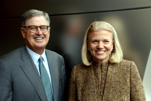 Sam Palmisano and Virginia M Rometty are seen at IBM's corporate headquarters in Armonk, New York.