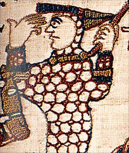 William as depicted in the Bayeux Tapestryduring the Battle of Hastings, lifting his helm to show that he is still alive.
