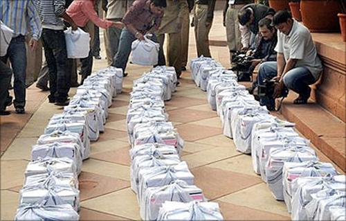 Sealed Budget papers brought to the Indian Parliament.