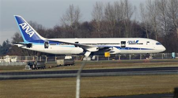 A 787 Dreamliner jet painted in All Nippon Airways (ANA) of Japan livery, sits idle on the tarmac parking at Paine Field in Everett, Washington.