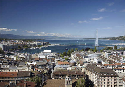 A view of the Jet d'Eau (water fountain) and the Lake Leman from the St-Pierre Cathedrale in Geneva, Switzerland.