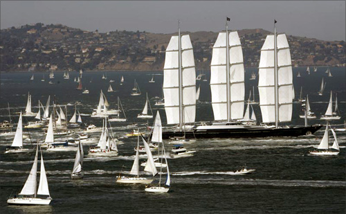 The Maltese Falcon, a clipper sailing luxury yacht owned by U.S. venture capitalist Tom Perkins, sails into San Francisco Bay.