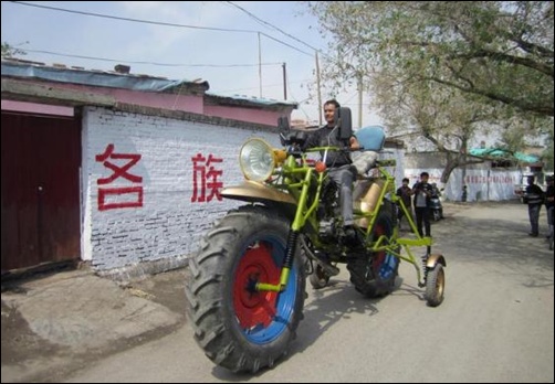 An ethnic Uighur man Abulajon drives his self-made motorcycle during a test in Manas county, Xinjiang Uighur autonomous region.