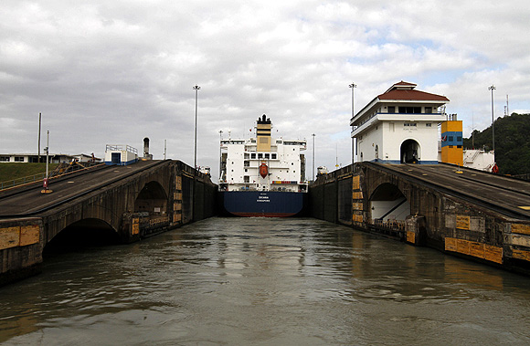 A cargo ship is seen at the Pedro Miguel lock on the pacific side of the Panama Canal in Panama City.