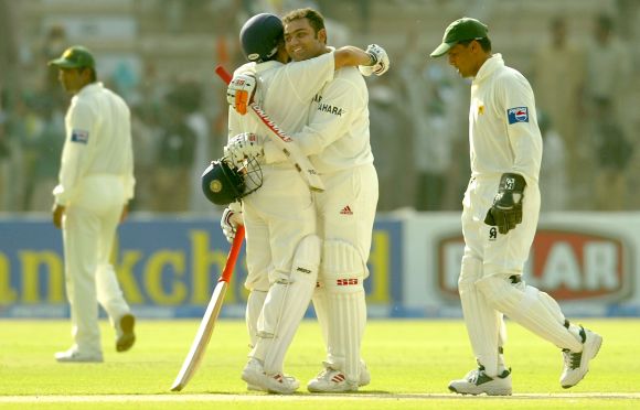 Virender Sehwag and Sachin Tendulkar during the course of the triple century against Pakistan in 2004