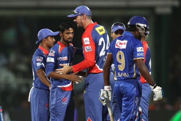 Delhi Daredevils players celebrate after picking up a wicket