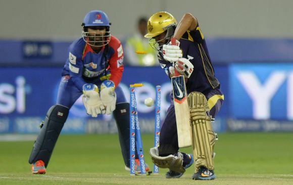 Manish Pandey is clean bowled by Shahbaz Nadeem