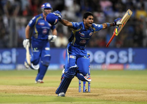 Aditya Tare of Mumbai Indians celebrates after hitting the winning runs against Rajasthan Royals