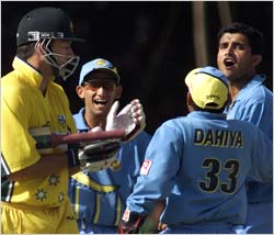 Sourav celebrates his opposite number's wicket.