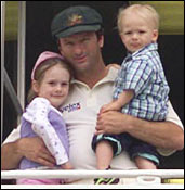 Steve Waugh with son Austin and daughter Rosalie on the balcony of Lord's