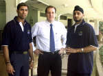 Laxman (L) and Harbhajan Singh with Neil Maxwell, Chief Executive Officer of Sporting Frontiers.