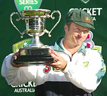 Steve Waugh with the Southern Cross Trophy after victory over Zimbabwe.
