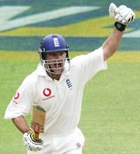 Andrew Strauss celebrates after scoring the winning runs