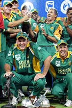 The South African players celebrate after winning the final one-dayer against West Indies