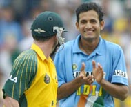 Irfan Pathan claps towards Australia's Damien Martyn after dismissing him during the second final.