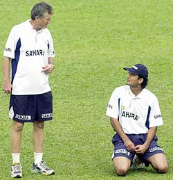 Indian coach John Wright (left) with Irfan Pathan