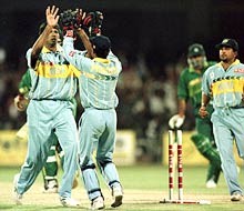 Prasad celebrates the dismissal of Sohail during the World Cup match