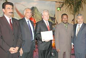 Indian Consul General Satish mehta, St. Lucia's Consul-General Winall F. Joshua, Citizenship Minister MIke Colle, Canadian Cricket Association president Ben Sennik, and Pakistani Consul-General Ghalib Iqbal.