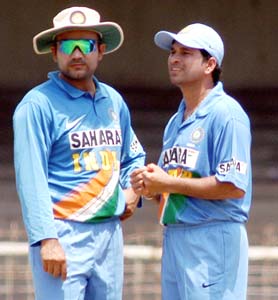 Virender Sehwag and Sachin Tendulkar during the warm-up game