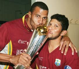 Mervyn Dillon and Shivnarine Chanderpaul with the 2004 Champions Trophy